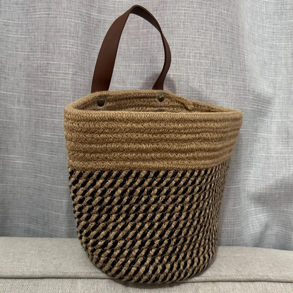 Woven Natural Fiber Coil Style Basket-Brown Faux Leather Hanging Loop-EUC